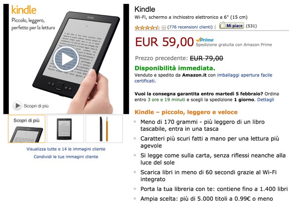 Kindle a 59€, il famoso ebook reader di Amazon in offerta per San Valentino