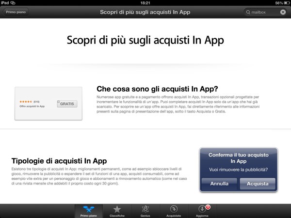 In App Store compare la sezione “Scopri di più sugli acquisti in-App”, per proteggersi da applicazioni come questa
