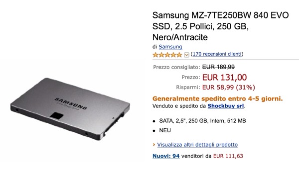 Samsung SSD 840 EVO da 250 GB in offerta su Amazon a 131€